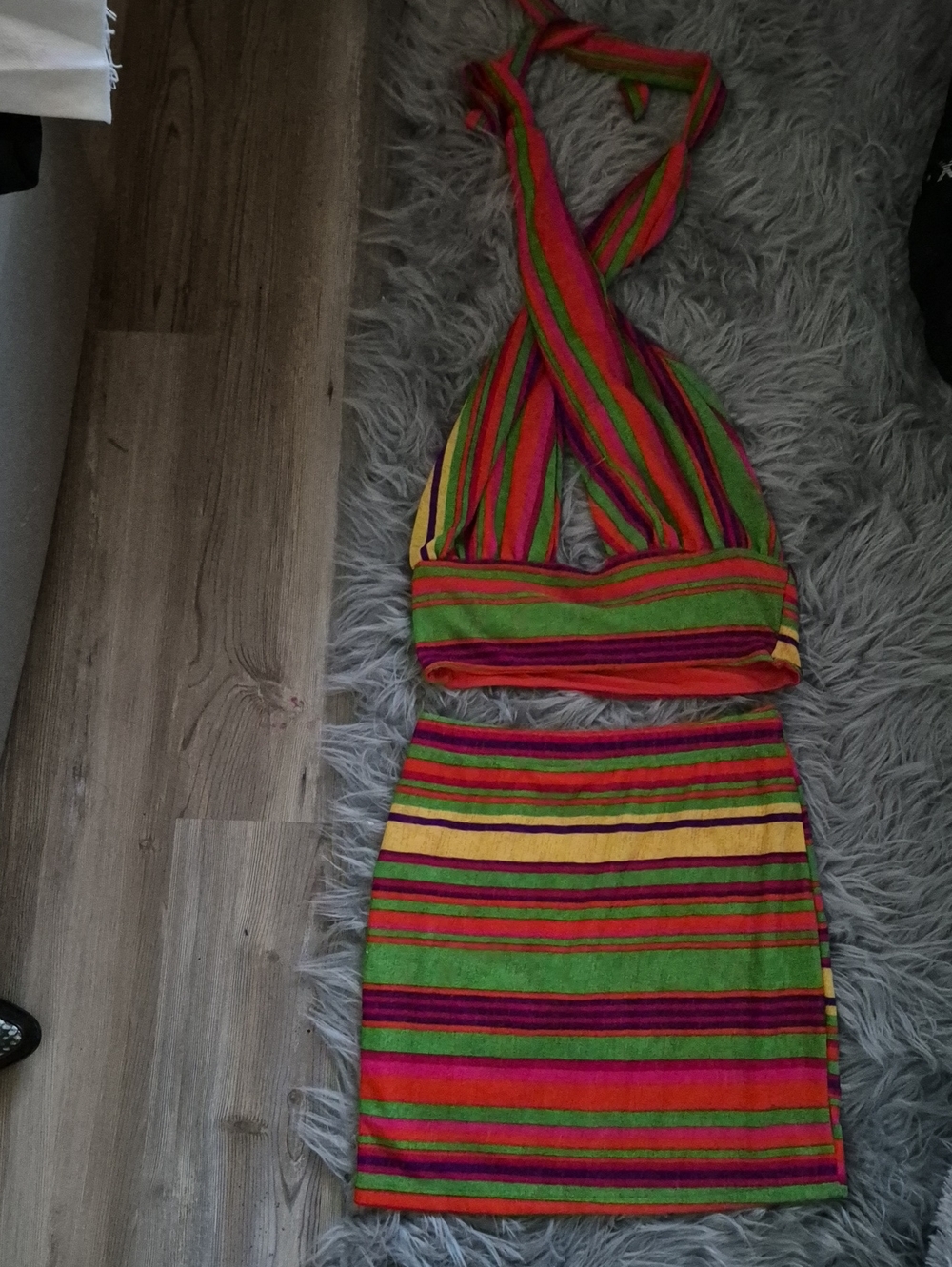 Multicolor Striped Crossover Crop Halter&  Mini Skirt- Vibrant Green/Pink/Yellow